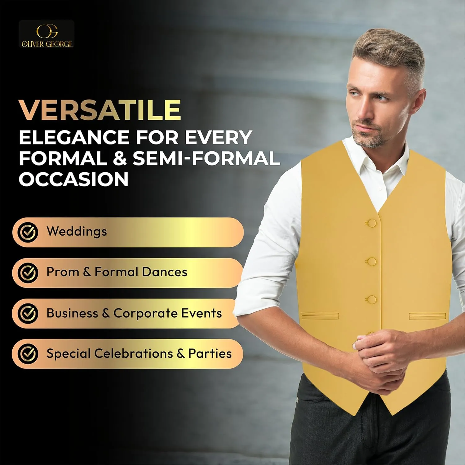 Oliver George 4pc Men's Solid Formal Waistcoat Tuxedo Dress Vest Necktie BowTie Handkerchief Set For Suit or Tuxedo