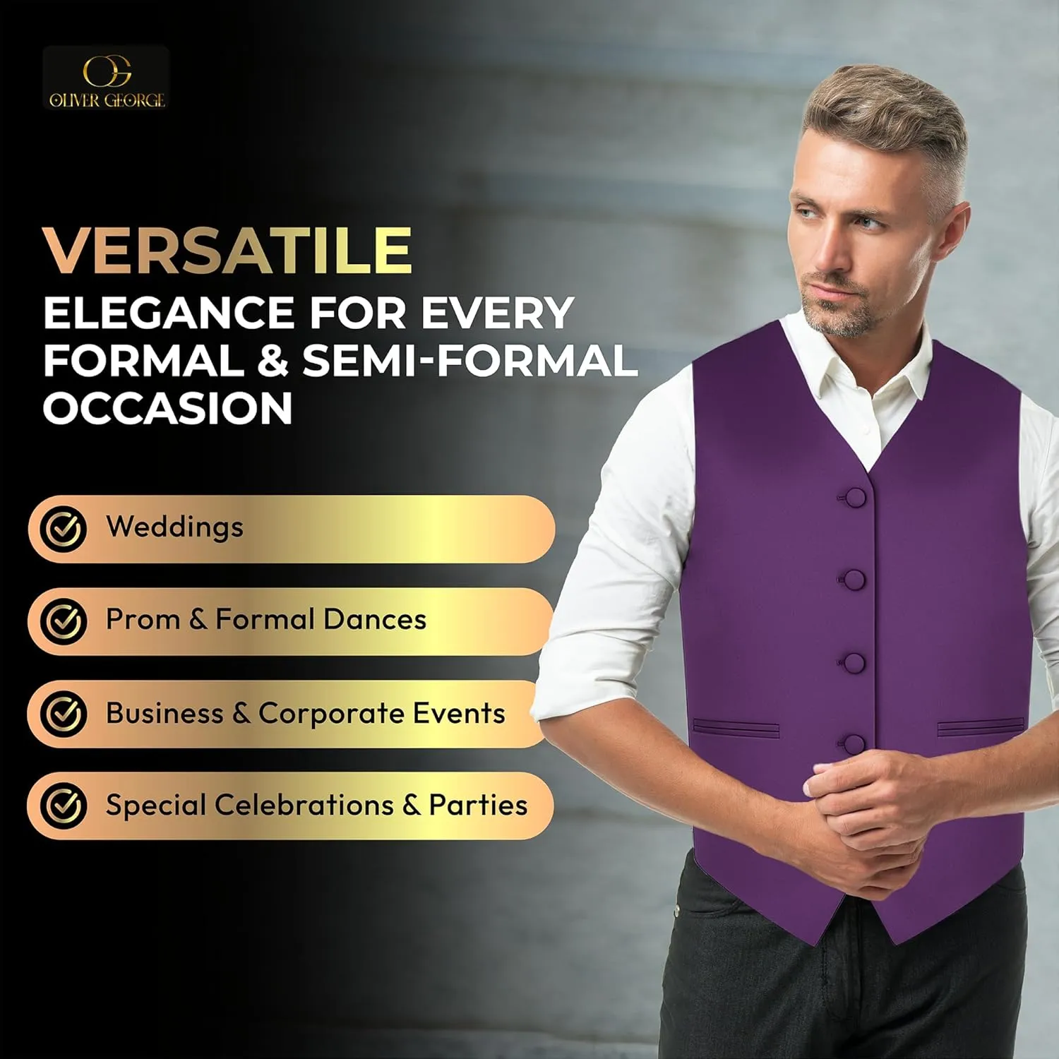 Oliver George 4pc Men's Solid Formal Waistcoat Tuxedo Dress Vest Necktie BowTie Handkerchief Set For Suit or Tuxedo