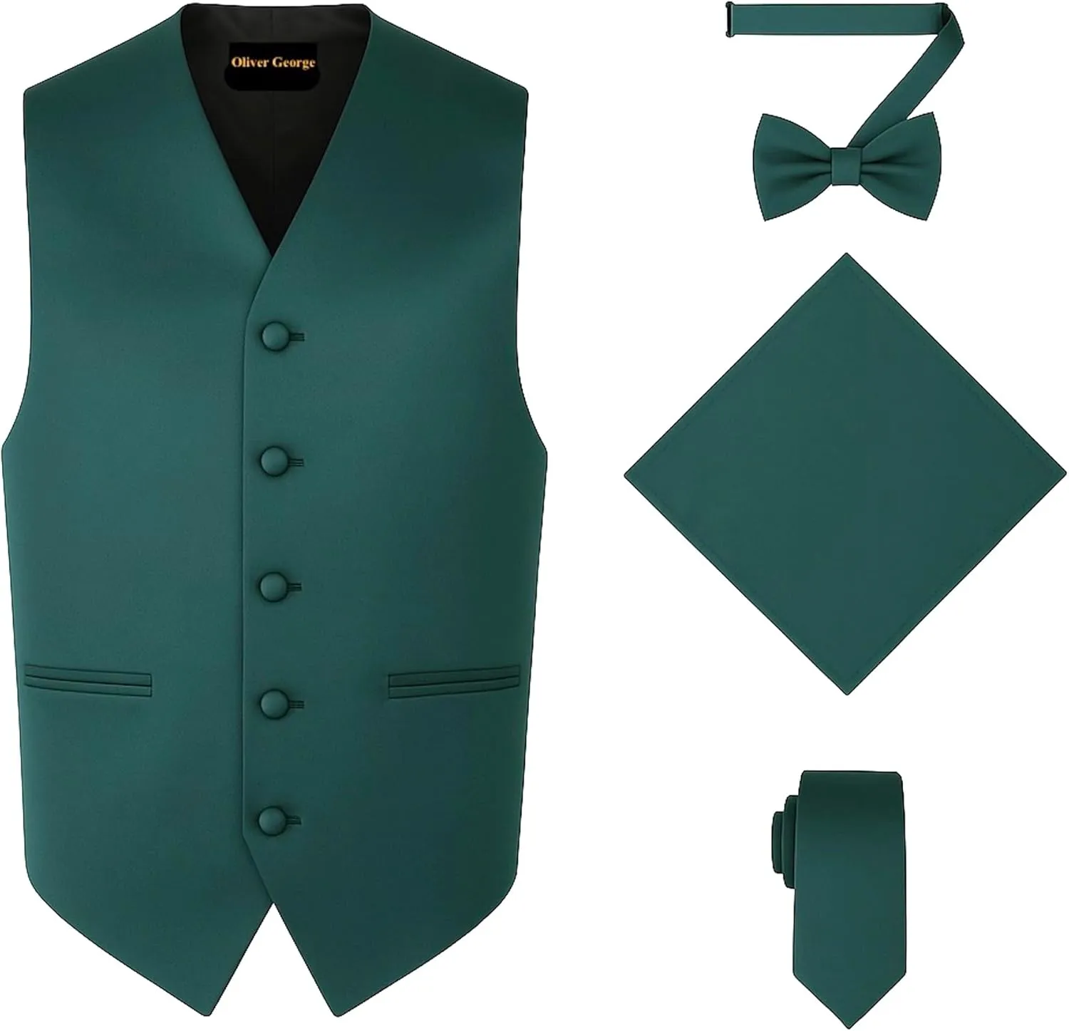Oliver George 4pc Men's Solid Formal Waistcoat Tuxedo Dress Vest Necktie BowTie Handkerchief Set For Suit or Tuxedo
