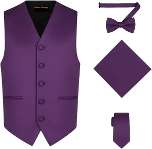 Oliver George 4pc Men's Solid Formal Waistcoat Tuxedo Dress Vest Necktie BowTie Handkerchief Set For Suit or Tuxedo