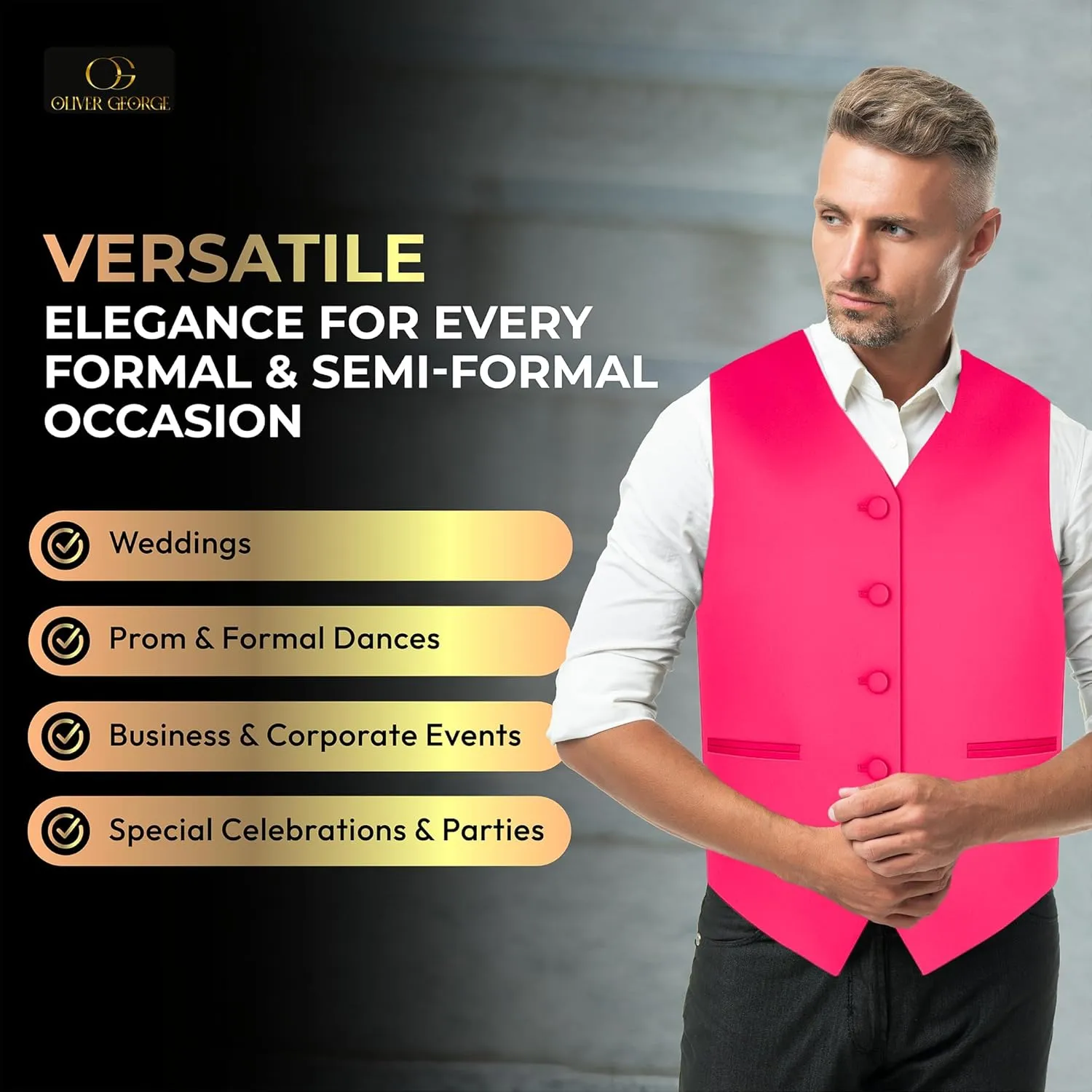 Oliver George 4pc Men's Solid Formal Waistcoat Tuxedo Dress Vest Necktie BowTie Handkerchief Set For Suit or Tuxedo