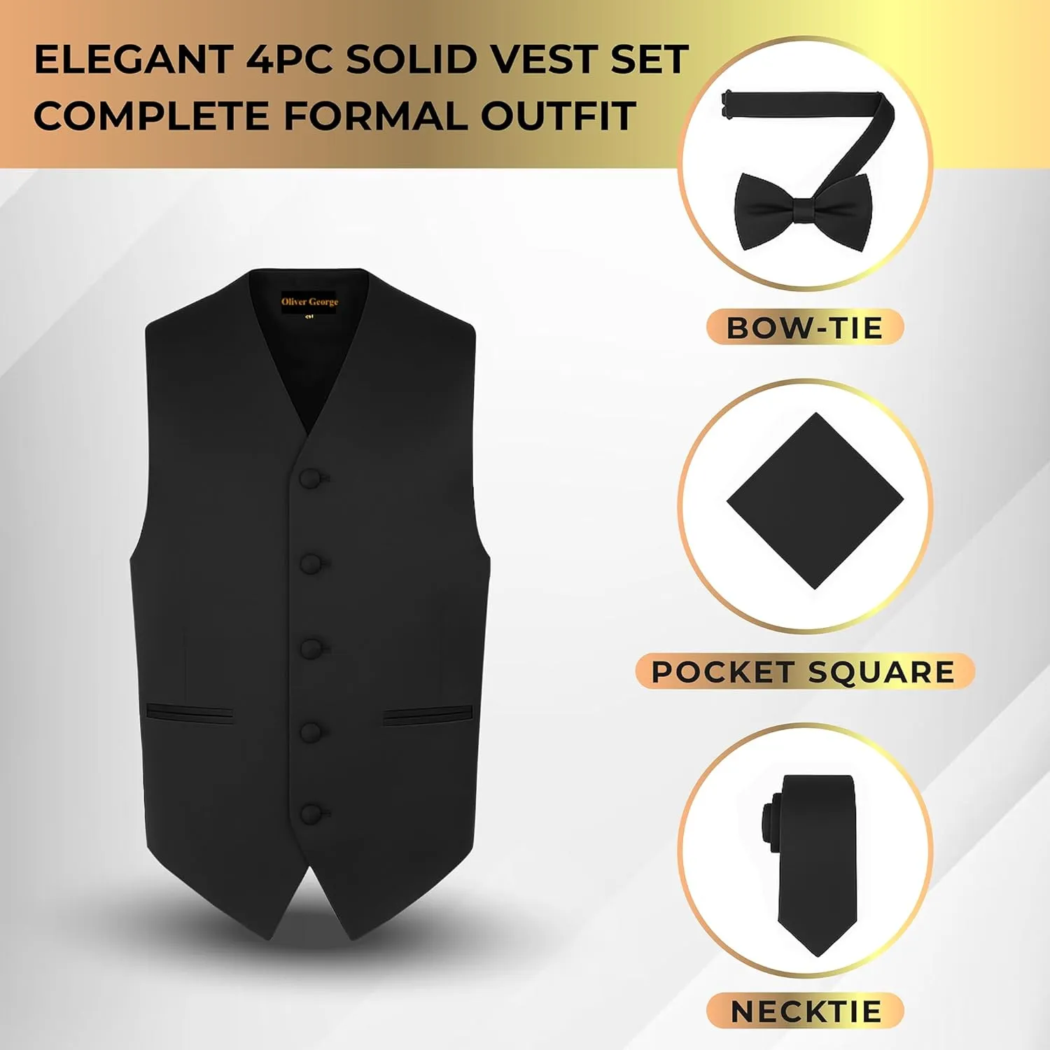 Oliver George 4pc Men's Solid Formal Waistcoat Tuxedo Dress Vest Necktie BowTie Handkerchief Set For Suit or Tuxedo