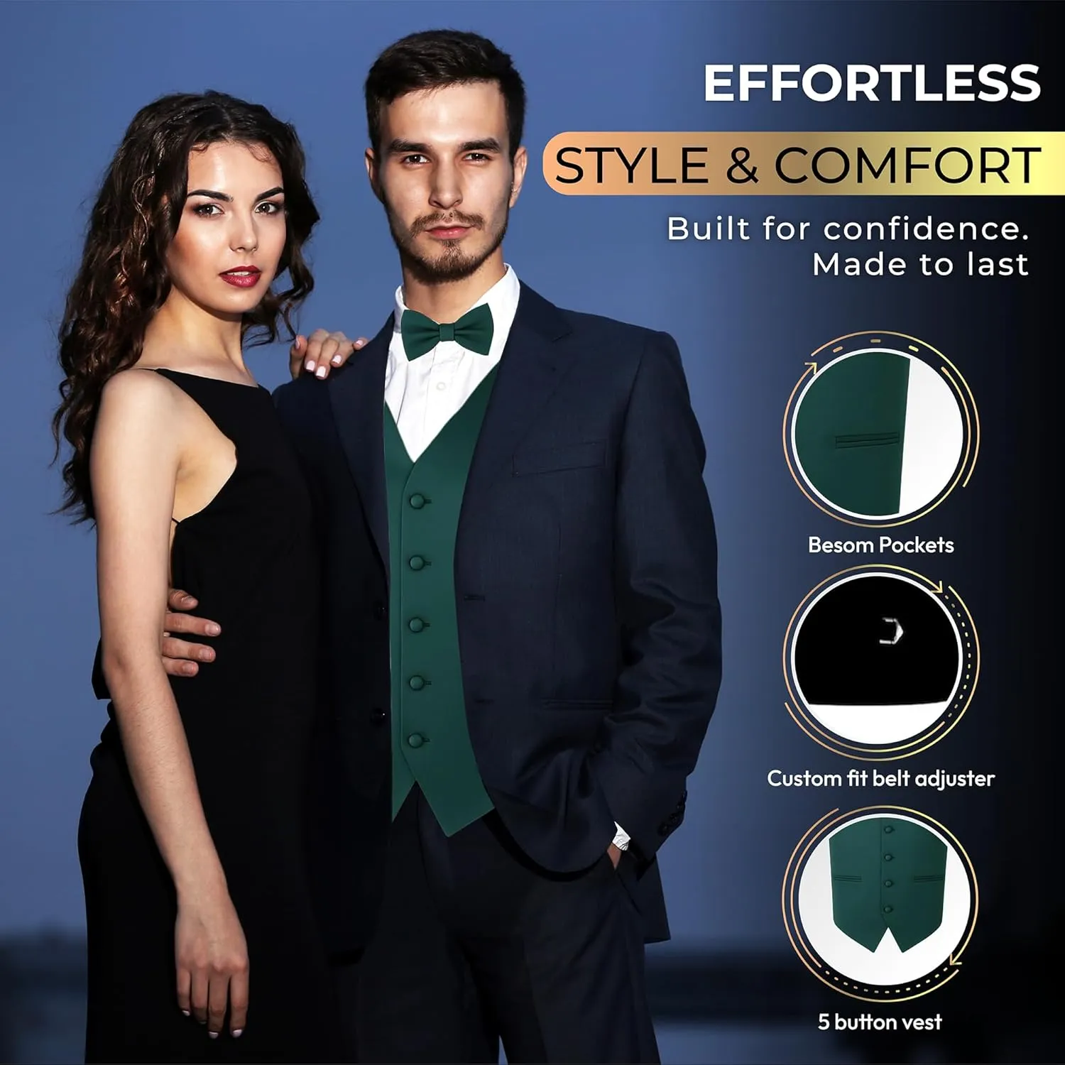 Oliver George 4pc Men's Solid Formal Waistcoat Tuxedo Dress Vest Necktie BowTie Handkerchief Set For Suit or Tuxedo