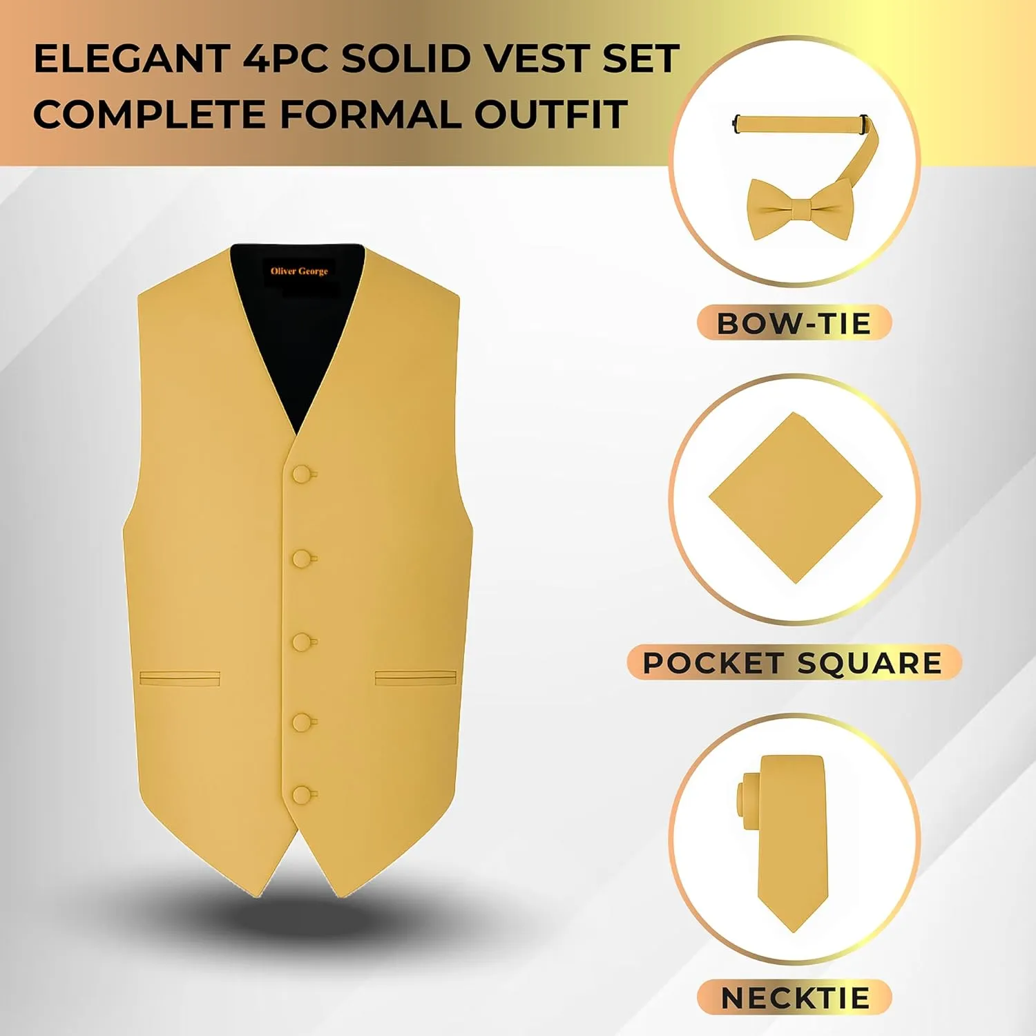 Oliver George 4pc Men's Solid Formal Waistcoat Tuxedo Dress Vest Necktie BowTie Handkerchief Set For Suit or Tuxedo