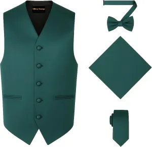 Oliver George 4pc Men's Solid Formal Waistcoat Tuxedo Dress Vest Necktie BowTie Handkerchief Set For Suit or Tuxedo