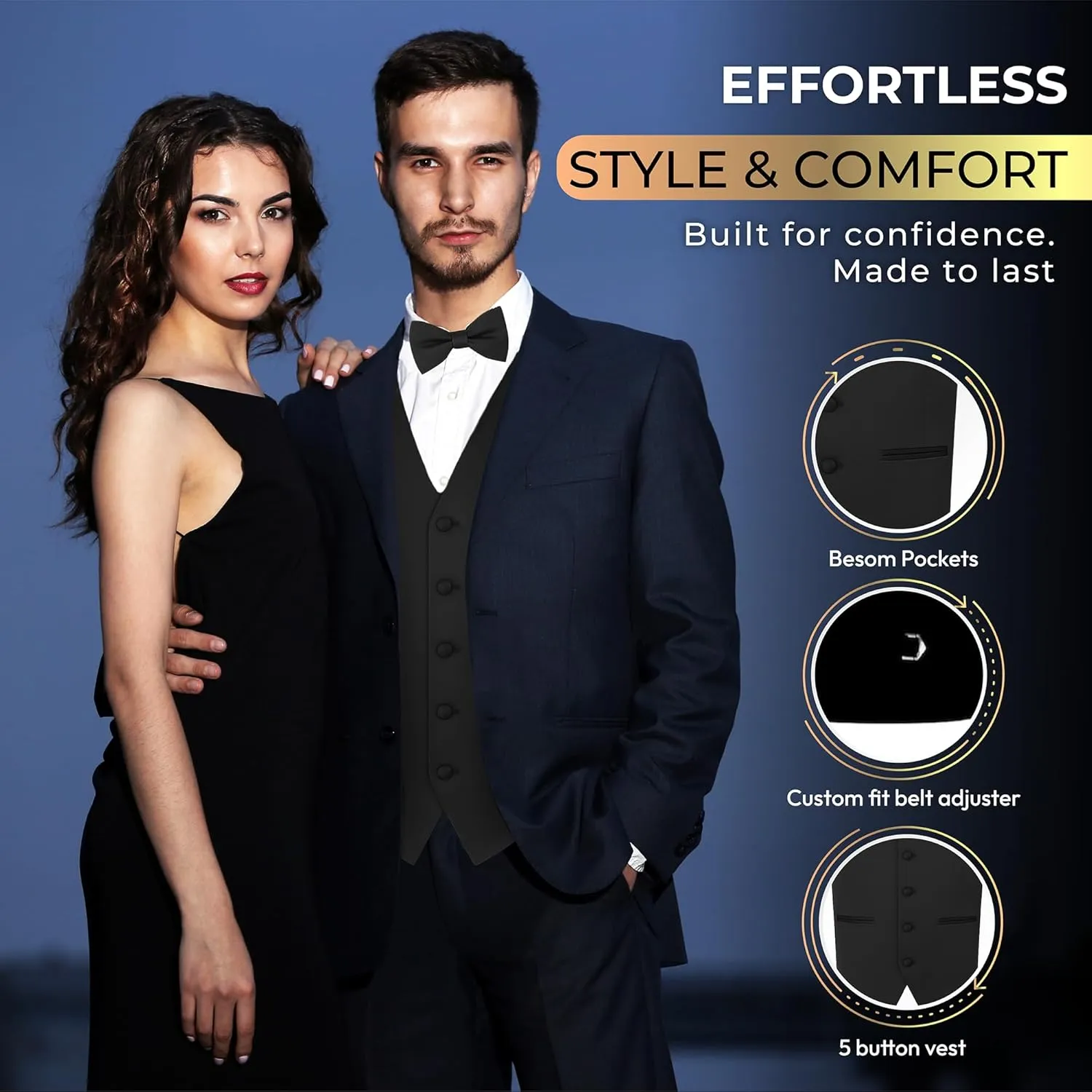 Oliver George 4pc Men's Solid Formal Waistcoat Tuxedo Dress Vest Necktie BowTie Handkerchief Set For Suit or Tuxedo