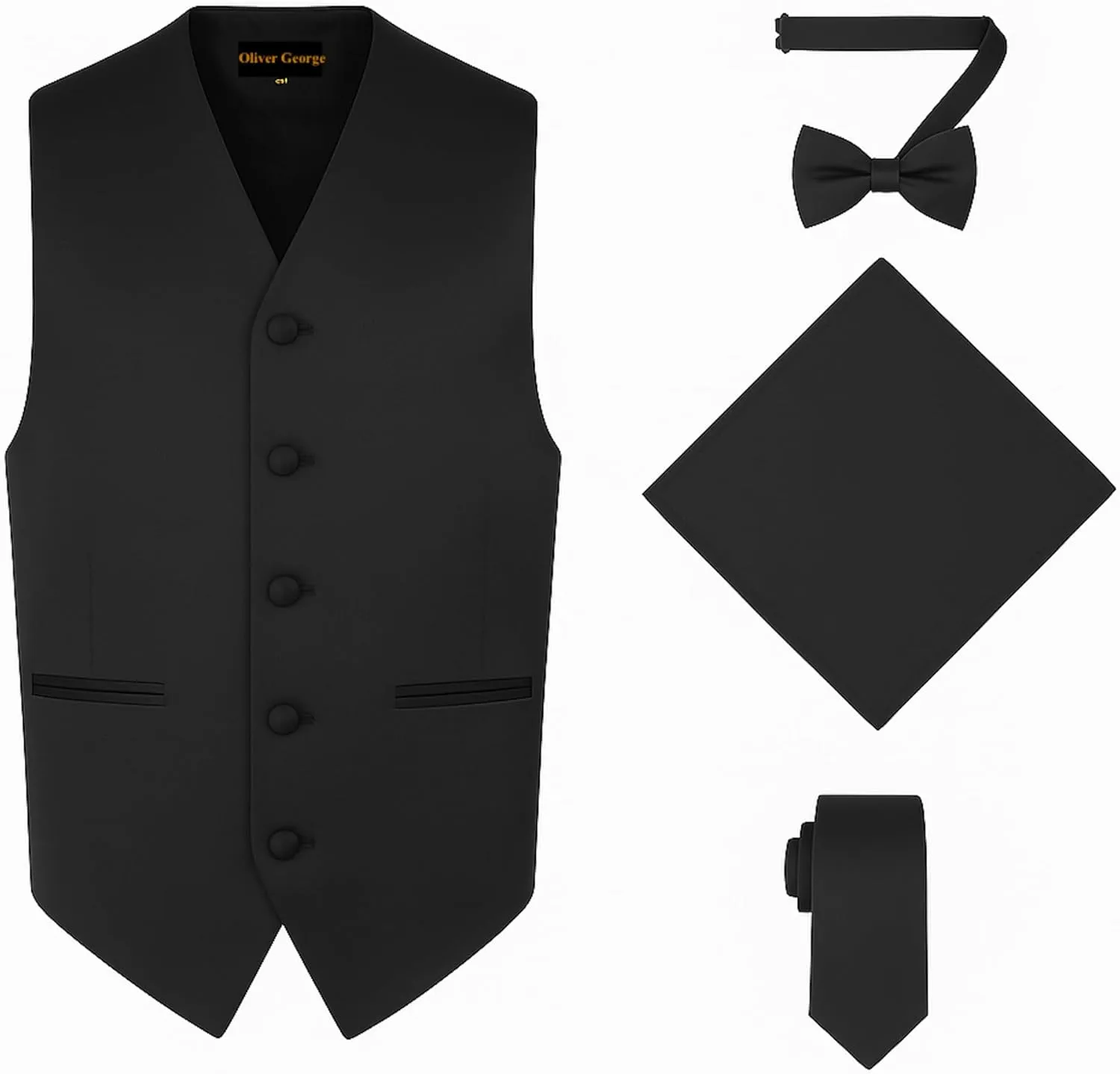 Oliver George 4pc Men's Solid Formal Waistcoat Tuxedo Dress Vest Necktie BowTie Handkerchief Set For Suit or Tuxedo