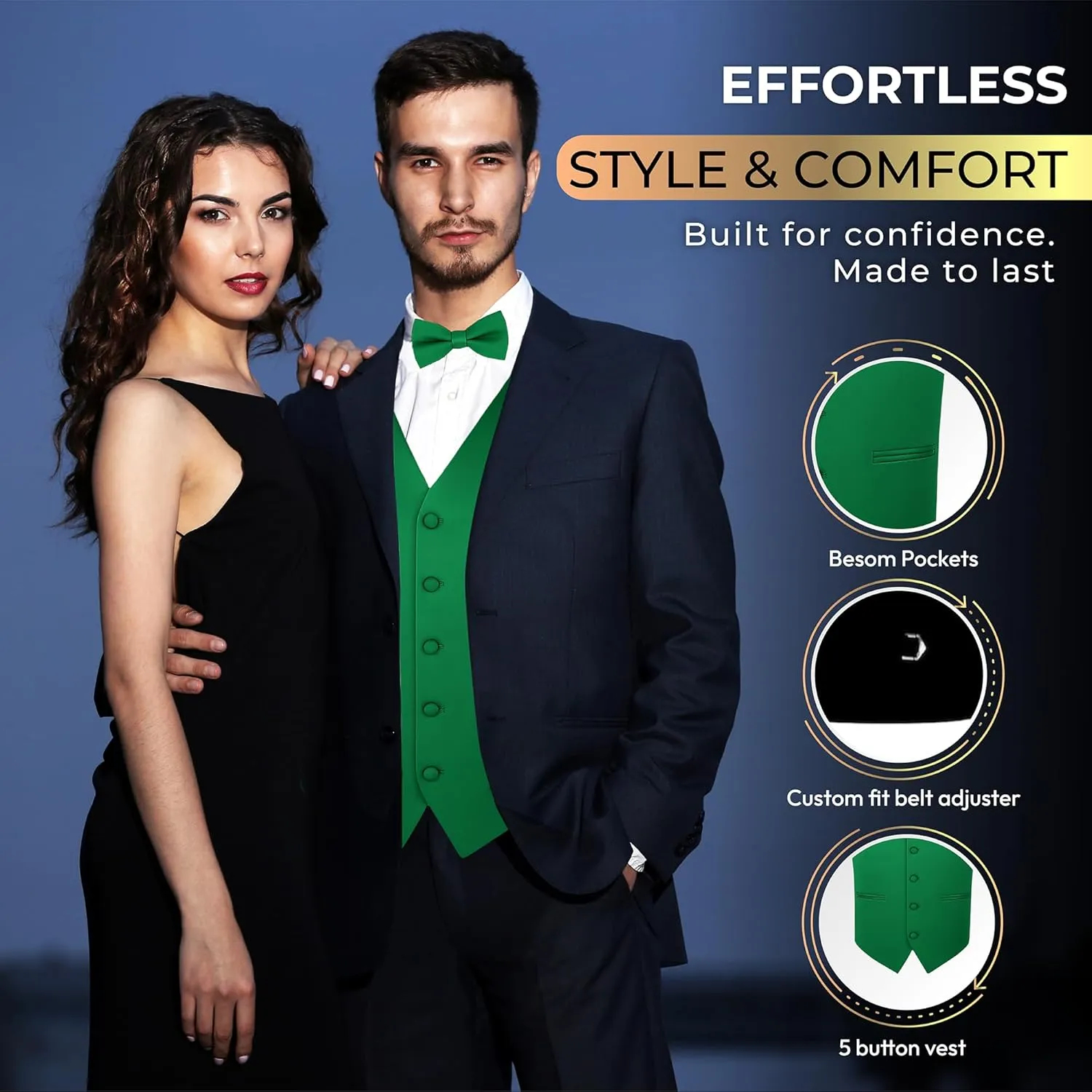 Oliver George 4pc Men's Solid Formal Waistcoat Tuxedo Dress Vest Necktie BowTie Handkerchief Set For Suit or Tuxedo