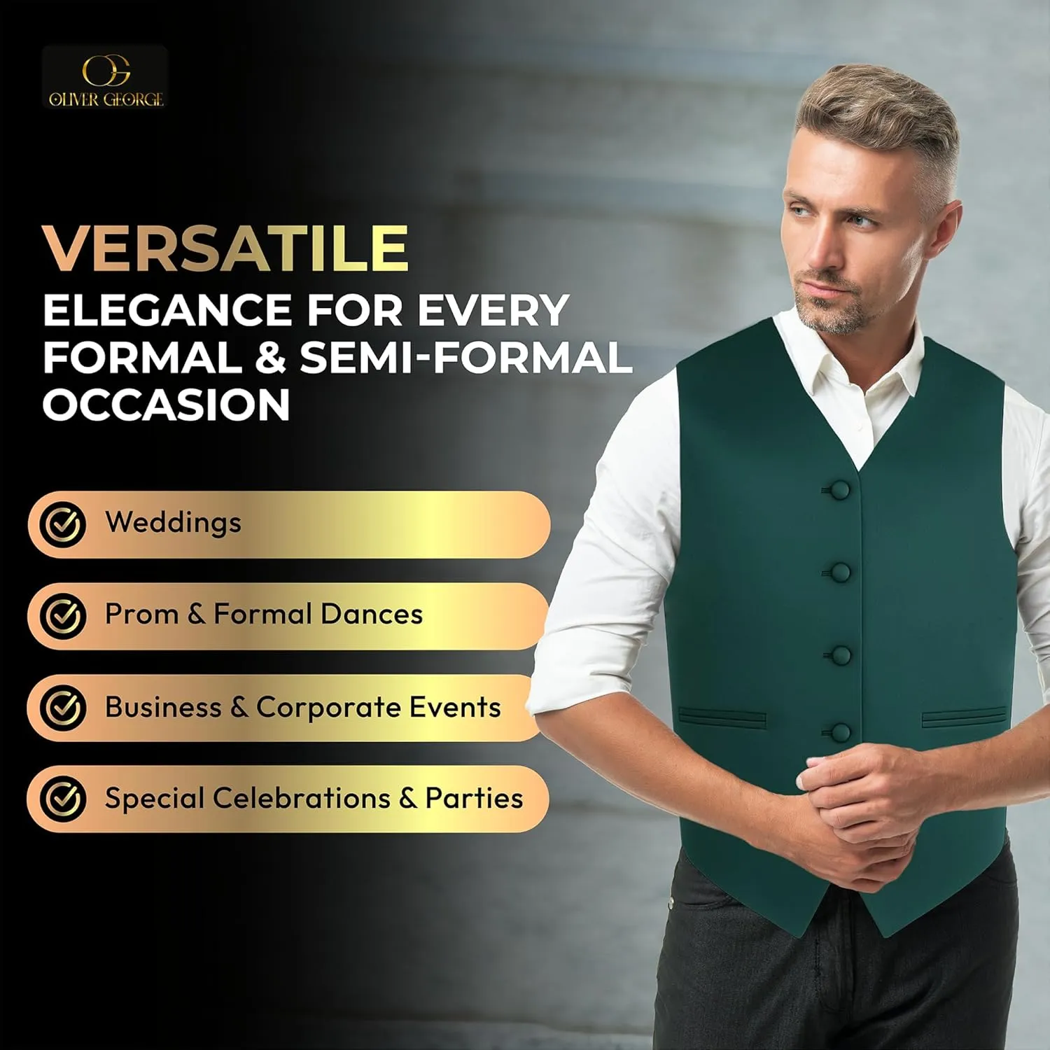 Oliver George 4pc Men's Solid Formal Waistcoat Tuxedo Dress Vest Necktie BowTie Handkerchief Set For Suit or Tuxedo