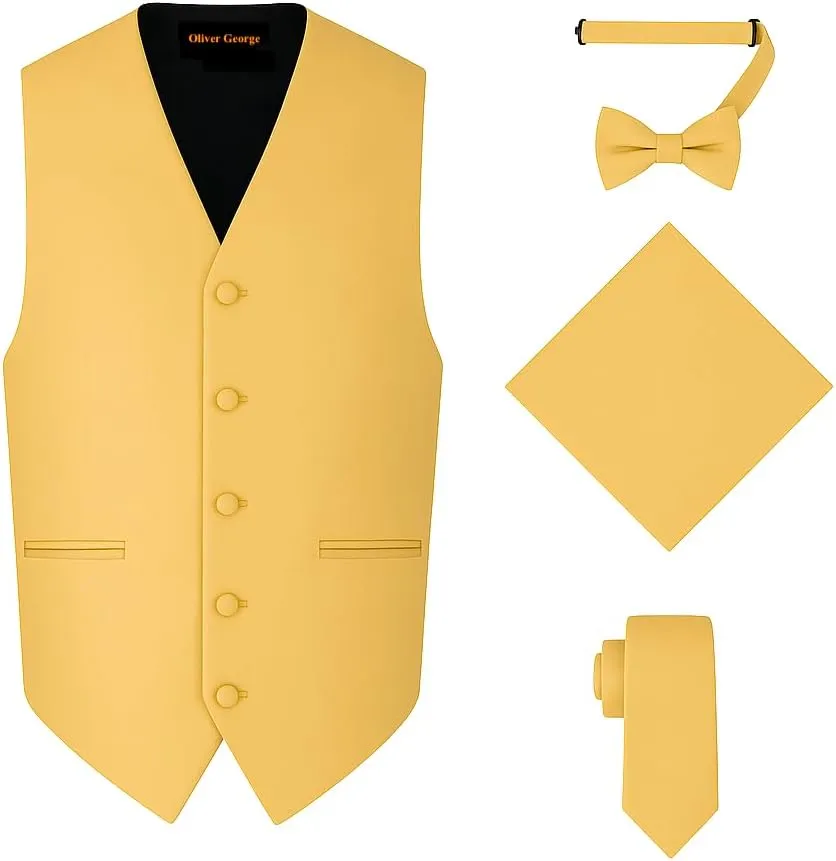 Oliver George 4pc Men's Solid Formal Waistcoat Tuxedo Dress Vest Necktie BowTie Handkerchief Set For Suit or Tuxedo