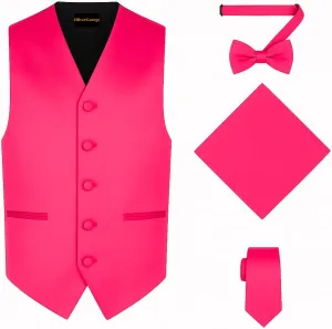 Oliver George 4pc Men's Solid Formal Waistcoat Tuxedo Dress Vest Necktie BowTie Handkerchief Set For Suit or Tuxedo