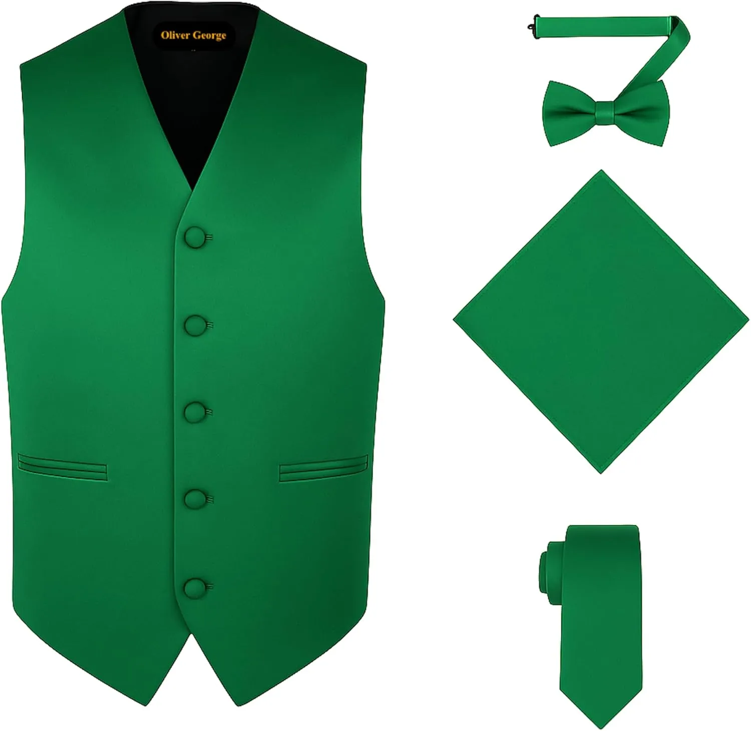 Oliver George 4pc Men's Solid Formal Waistcoat Tuxedo Dress Vest Necktie BowTie Handkerchief Set For Suit or Tuxedo