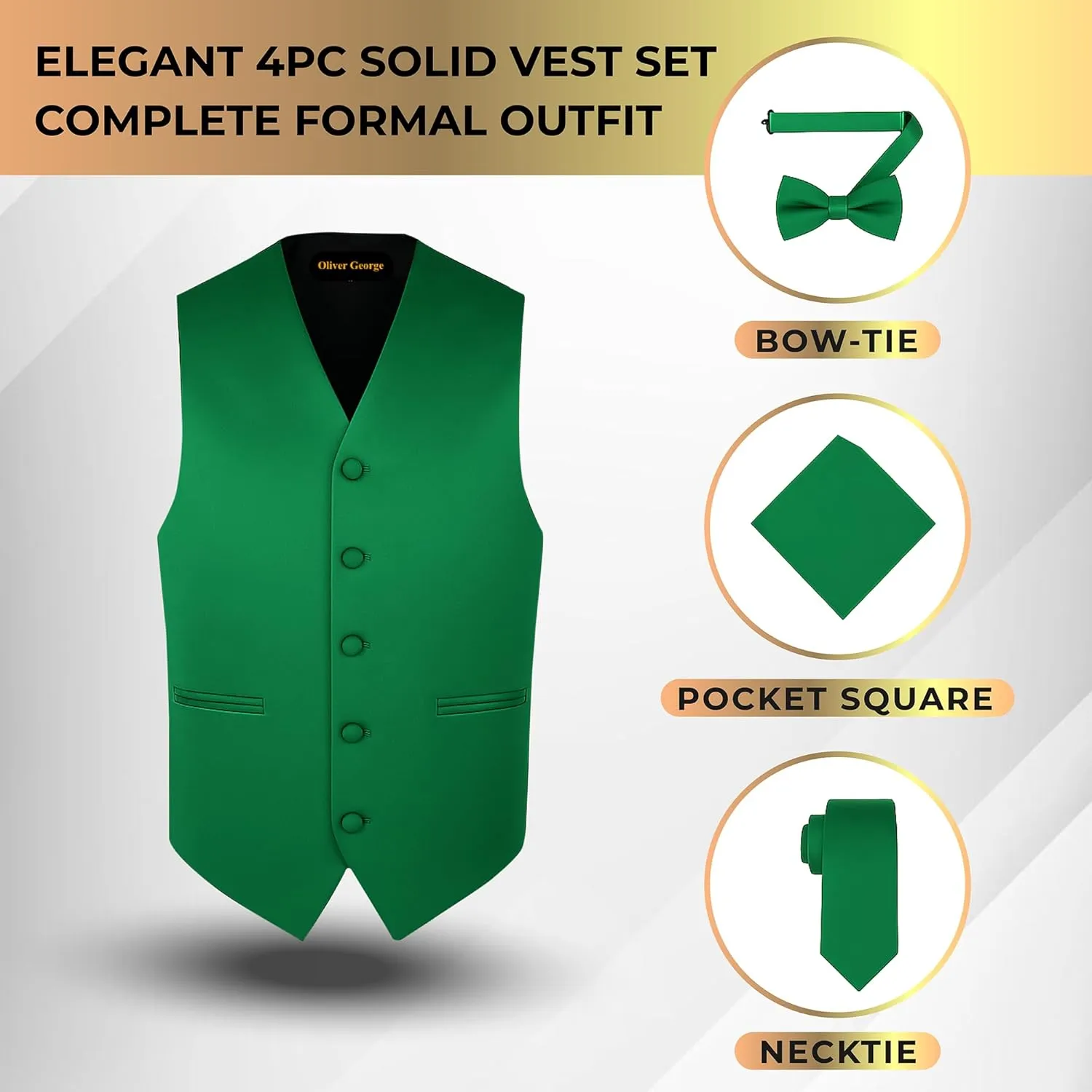 Oliver George 4pc Men's Solid Formal Waistcoat Tuxedo Dress Vest Necktie BowTie Handkerchief Set For Suit or Tuxedo