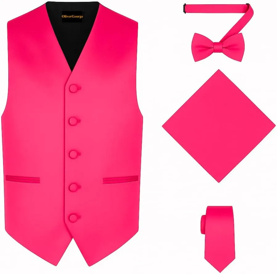 Oliver George 4pc Men's Solid Formal Waistcoat Tuxedo Dress Vest Necktie BowTie Handkerchief Set For Suit or Tuxedo