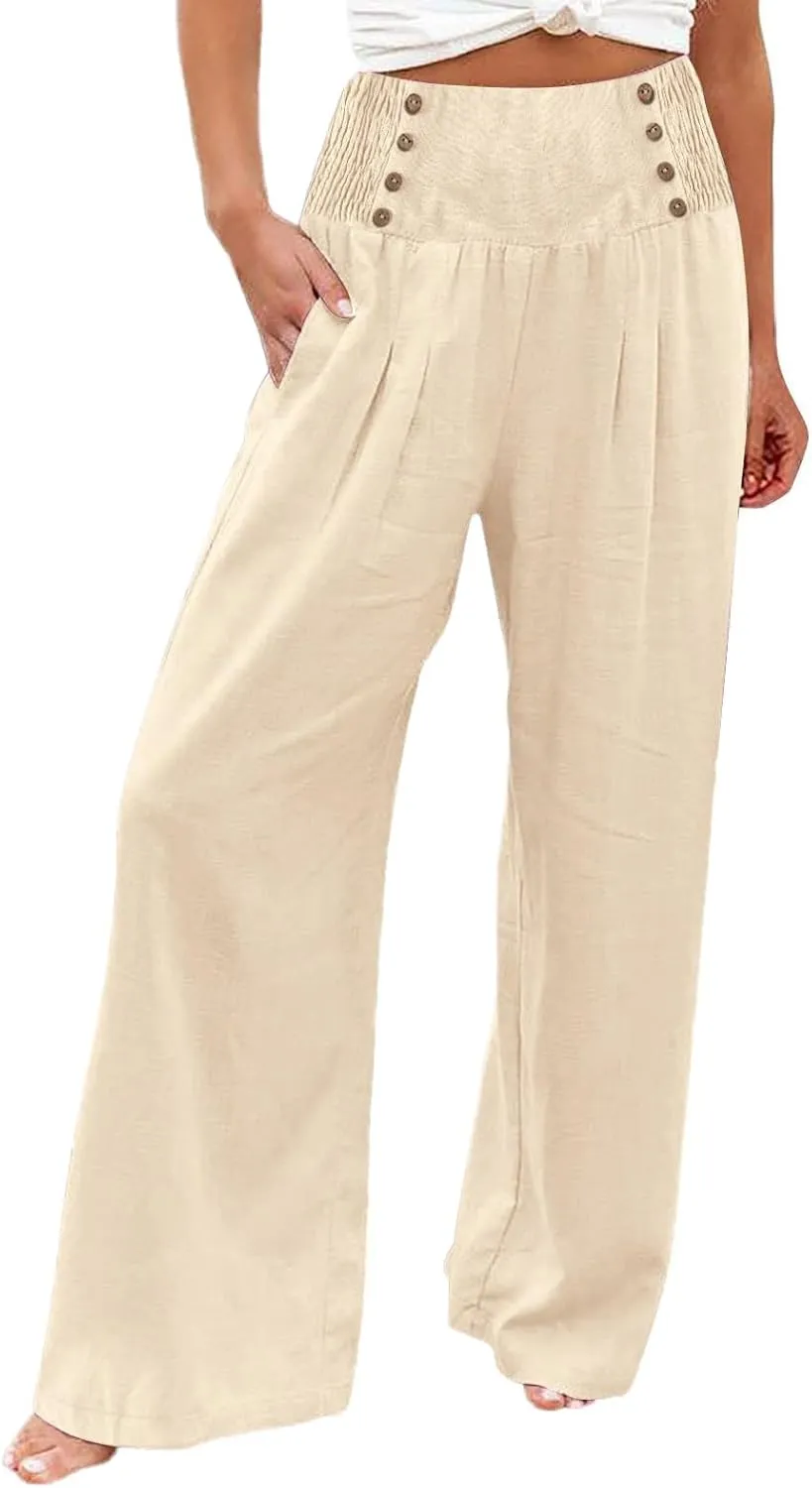 Palazzo Pants For Women Casual Plus Size Trouser Summer Boho Wide Leg Smocked High Waist Casual Loose Lounge Pants