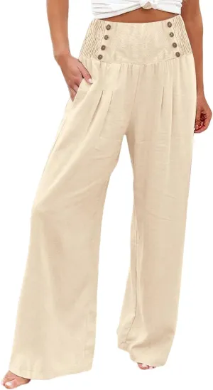 Palazzo Pants For Women Casual Plus Size Trouser Summer Boho Wide Leg Smocked High Waist Casual Loose Lounge Pants