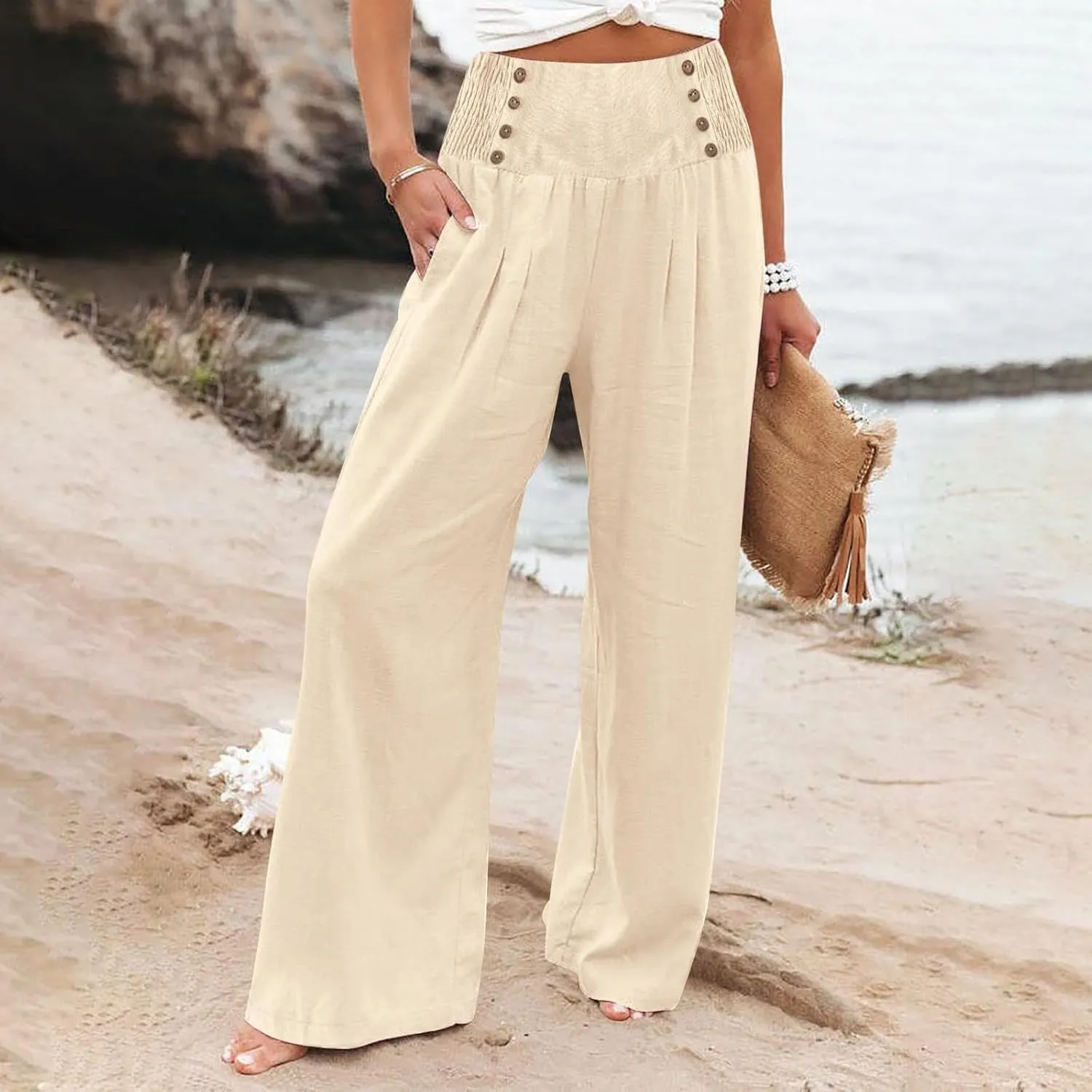 Palazzo Pants For Women Casual Plus Size Trouser Summer Boho Wide Leg Smocked High Waist Casual Loose Lounge Pants