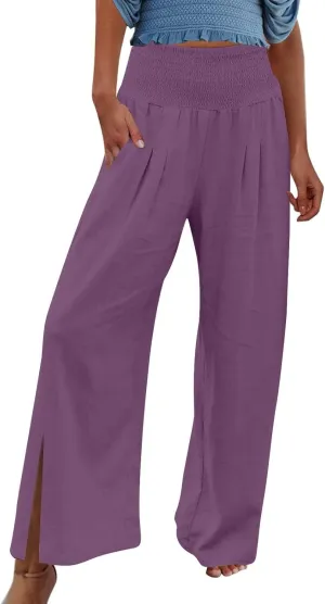 Palazzo Pants for Women Cotton Linen Summer Lounge Pants Casual Comfy Elastic Side Slit Wide Leg Beach Trousers