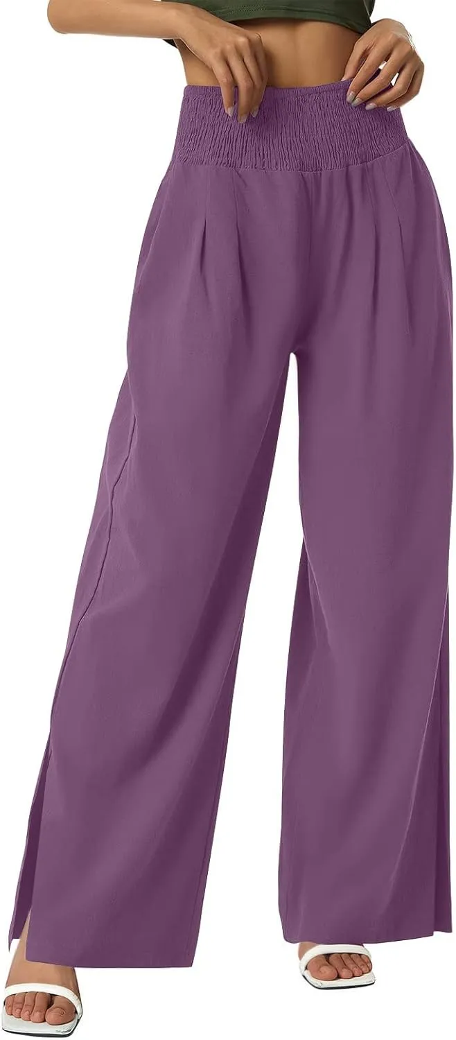 Palazzo Pants for Women Cotton Linen Summer Lounge Pants Casual Comfy Elastic Side Slit Wide Leg Beach Trousers