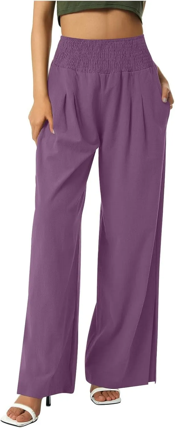 Palazzo Pants for Women Cotton Linen Summer Lounge Pants Casual Comfy Elastic Side Slit Wide Leg Beach Trousers