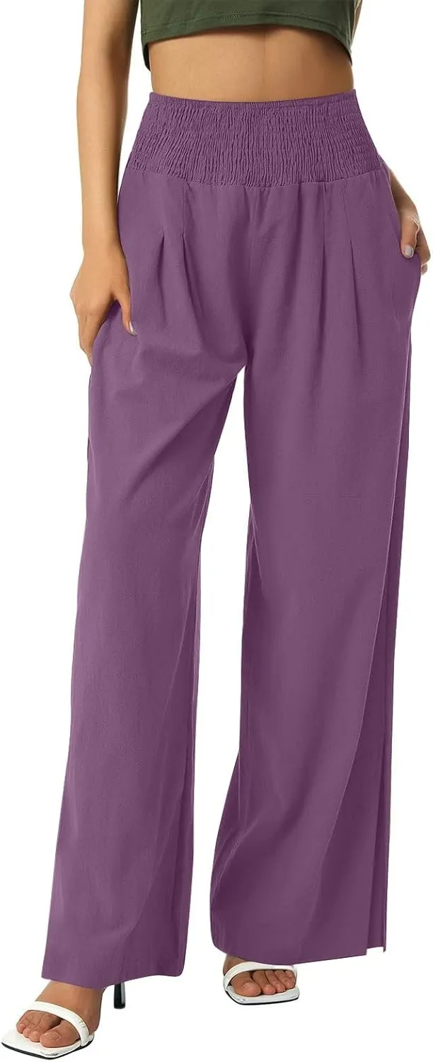 Palazzo Pants for Women Cotton Linen Summer Lounge Pants Casual Comfy Elastic Side Slit Wide Leg Beach Trousers