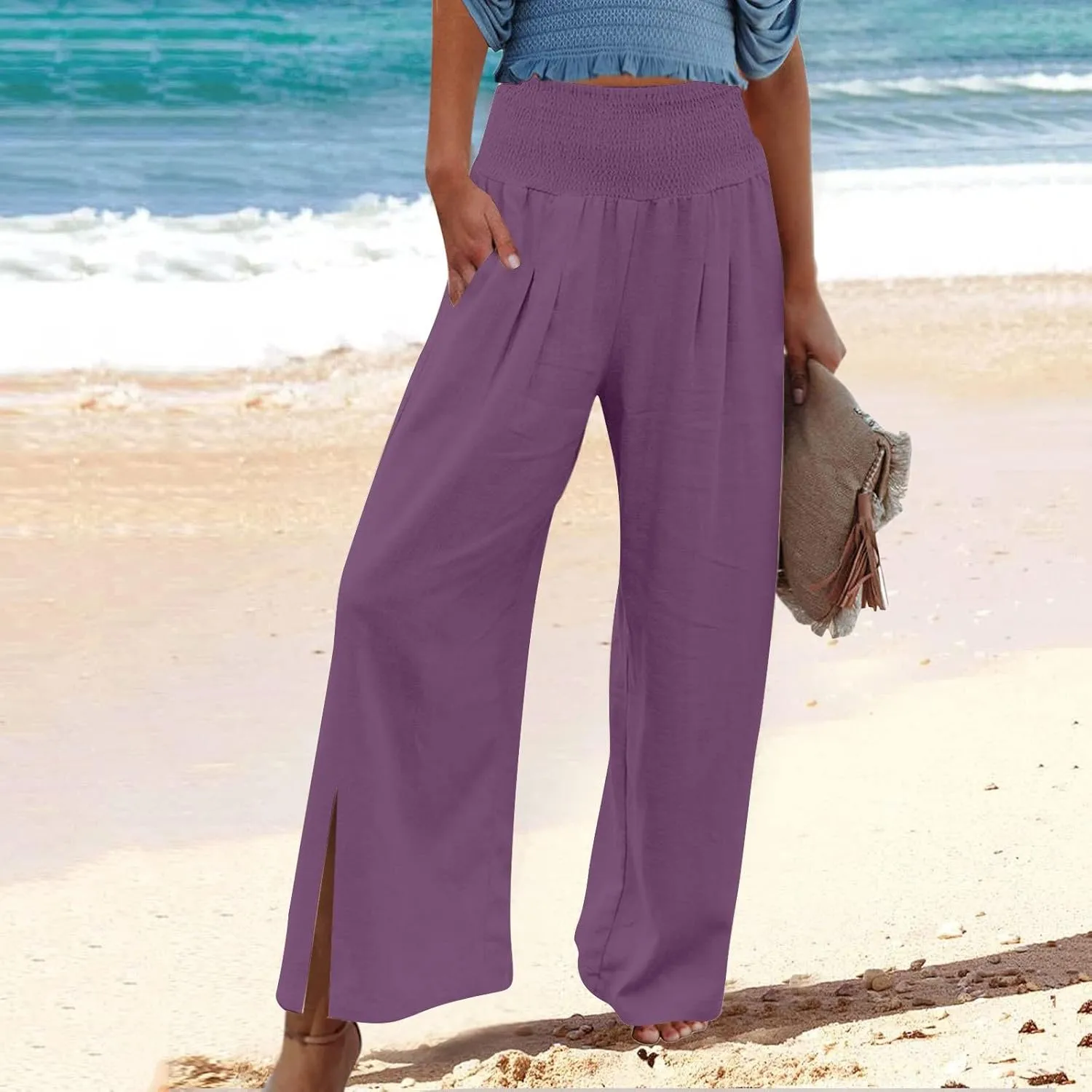 Palazzo Pants for Women Cotton Linen Summer Lounge Pants Casual Comfy Elastic Side Slit Wide Leg Beach Trousers