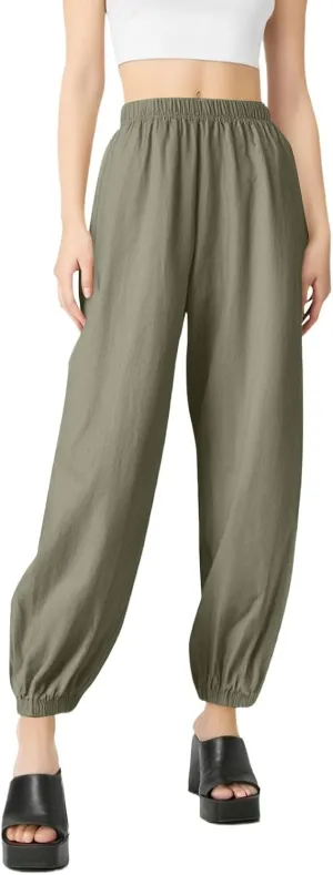 Parachute Pants for Women, Womens Wide Leg Pants Linen Dressy Trousers Straight Leg Summer High Waisted Lounge