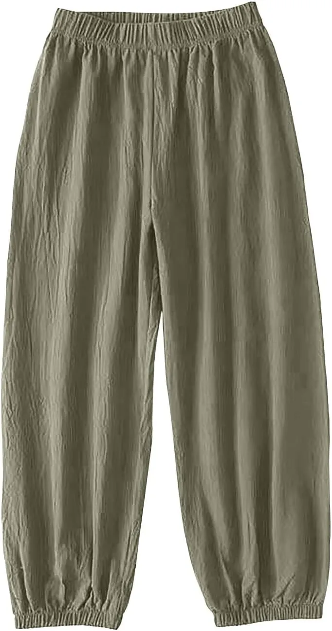 Parachute Pants for Women, Womens Wide Leg Pants Linen Dressy Trousers Straight Leg Summer High Waisted Lounge