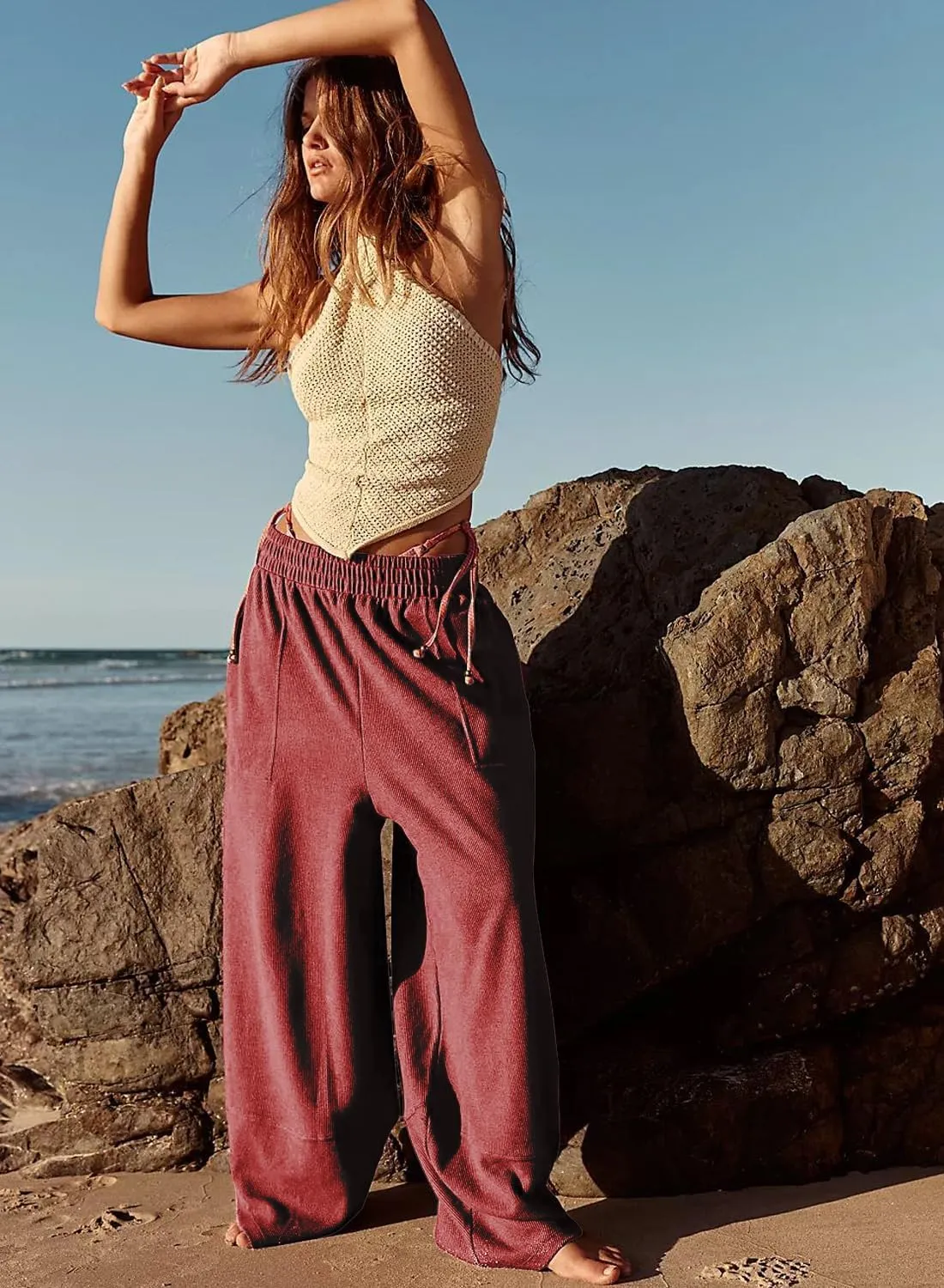 Peaceglad Cotton Linen Harem Pants with Pockets Palazzo Pants for Women Causal Cropped Wide Leg Trousers