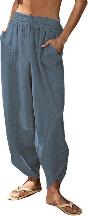 Peaceglad Cotton Linen Harem Pants with Pockets Palazzo Pants for Women Causal Cropped Wide Leg Trousers