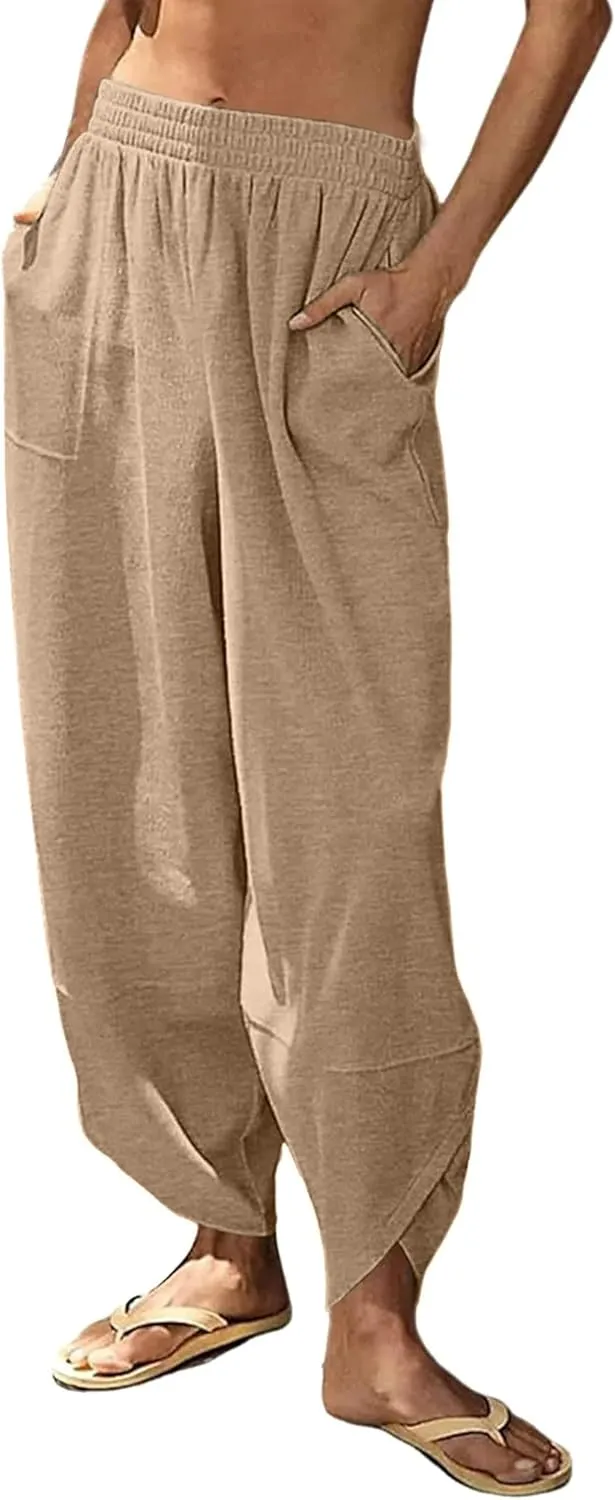 Peaceglad Cotton Linen Harem Pants with Pockets Palazzo Pants for Women Causal Cropped Wide Leg Trousers