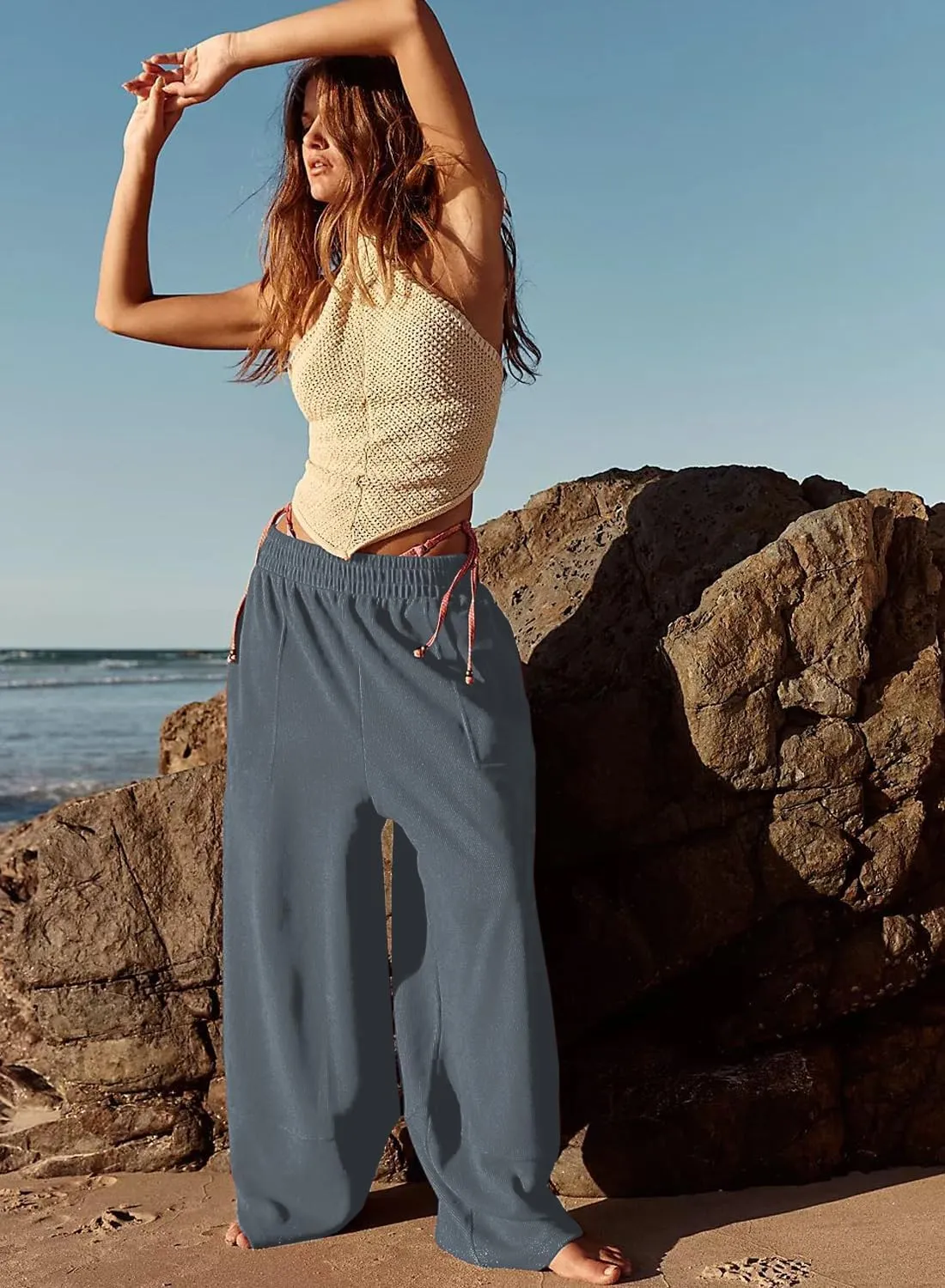 Peaceglad Cotton Linen Harem Pants with Pockets Palazzo Pants for Women Causal Cropped Wide Leg Trousers