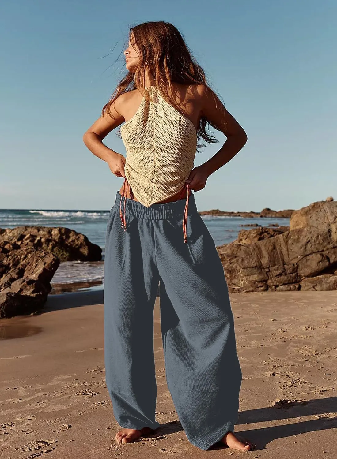 Peaceglad Cotton Linen Harem Pants with Pockets Palazzo Pants for Women Causal Cropped Wide Leg Trousers