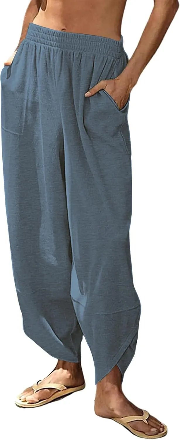 Peaceglad Cotton Linen Harem Pants with Pockets Palazzo Pants for Women Causal Cropped Wide Leg Trousers