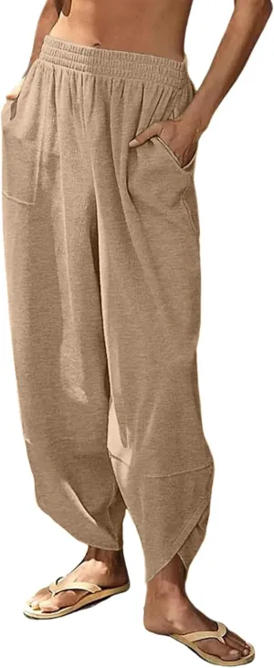 Peaceglad Cotton Linen Harem Pants with Pockets Palazzo Pants for Women Causal Cropped Wide Leg Trousers