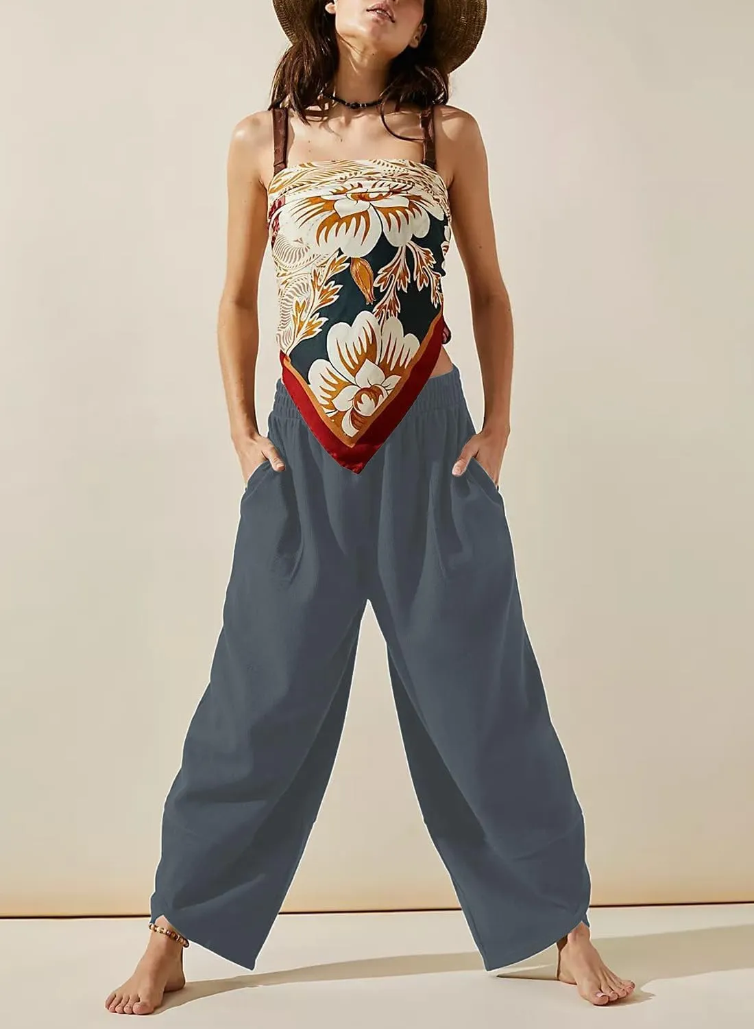 Peaceglad Cotton Linen Harem Pants with Pockets Palazzo Pants for Women Causal Cropped Wide Leg Trousers