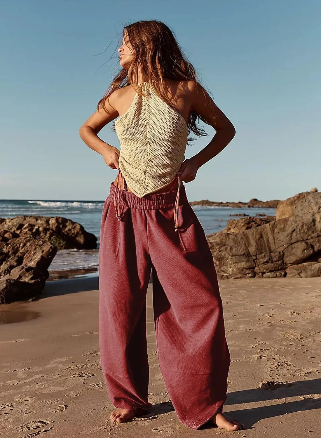 Peaceglad Cotton Linen Harem Pants with Pockets Palazzo Pants for Women Causal Cropped Wide Leg Trousers