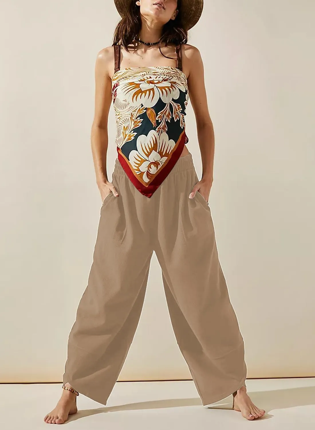 Peaceglad Cotton Linen Harem Pants with Pockets Palazzo Pants for Women Causal Cropped Wide Leg Trousers