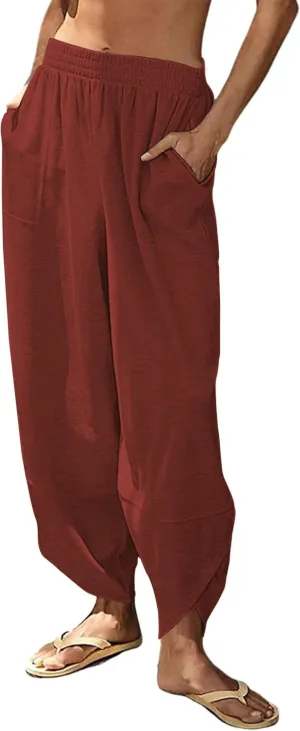 Peaceglad Cotton Linen Harem Pants with Pockets Palazzo Pants for Women Causal Cropped Wide Leg Trousers