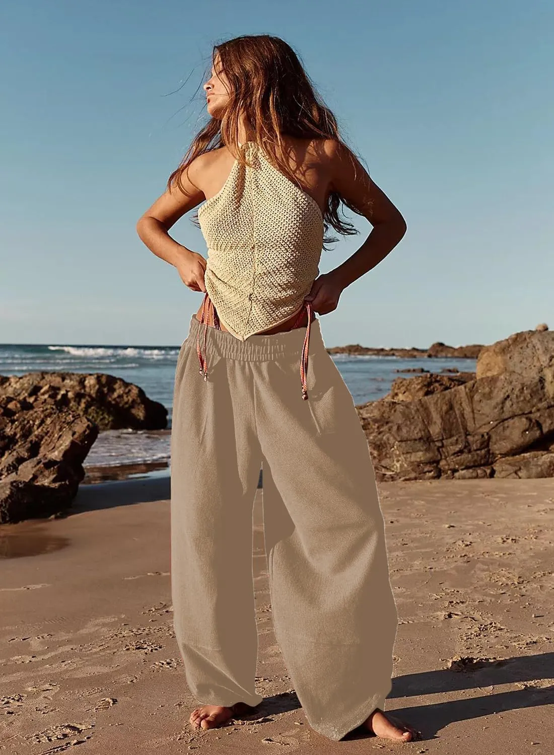 Peaceglad Cotton Linen Harem Pants with Pockets Palazzo Pants for Women Causal Cropped Wide Leg Trousers