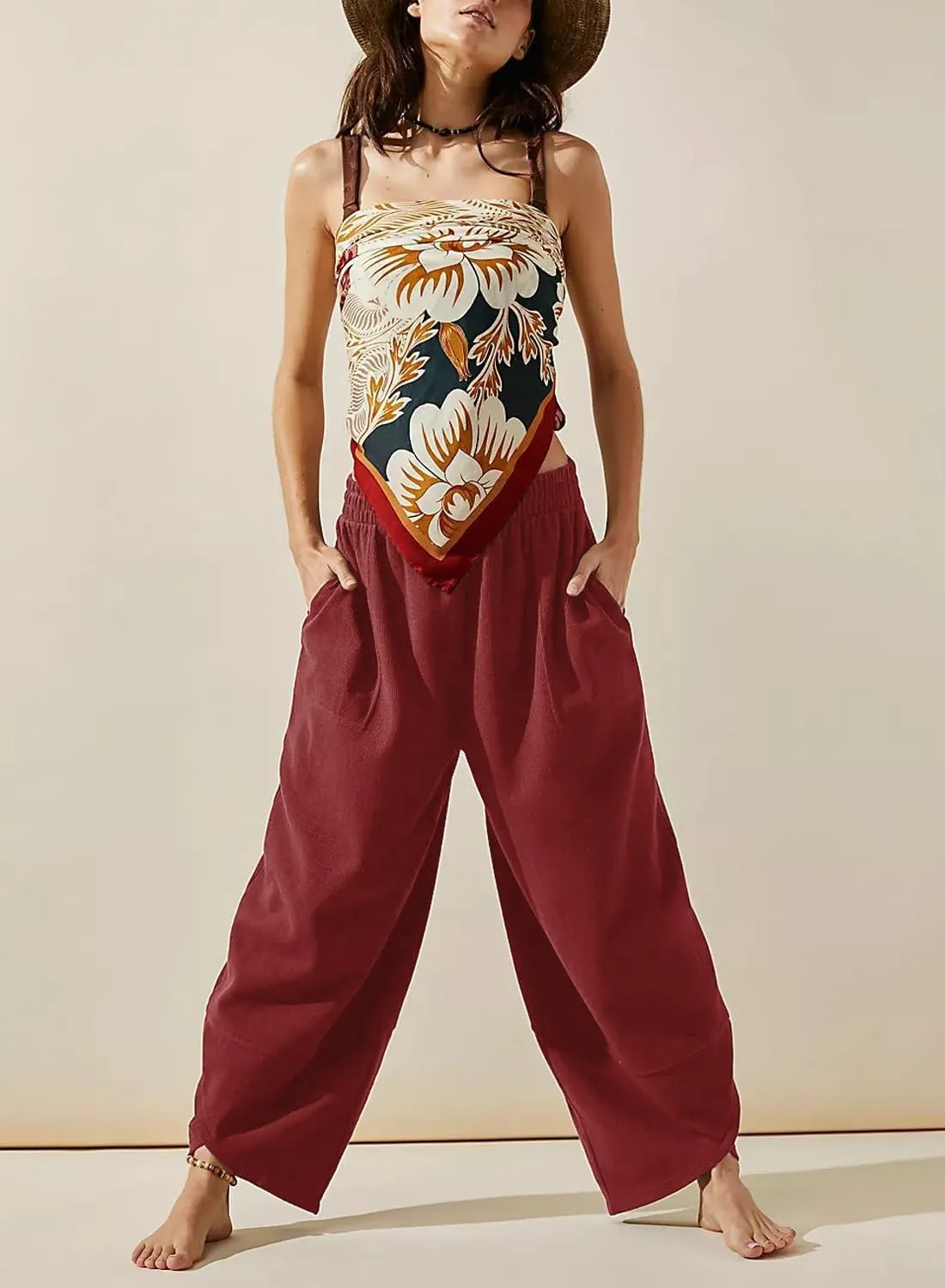 Peaceglad Cotton Linen Harem Pants with Pockets Palazzo Pants for Women Causal Cropped Wide Leg Trousers