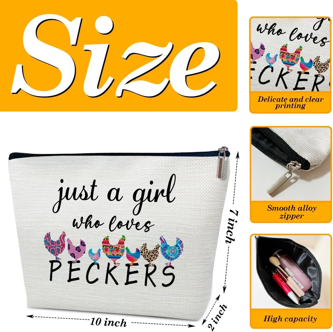 Peckers Makeup Bag, Cosmetic Bag for Purse, Animal Lovers Gifts for Women, Besties, Daughter, Best Friends, Just A Girl Who Loves Peckers