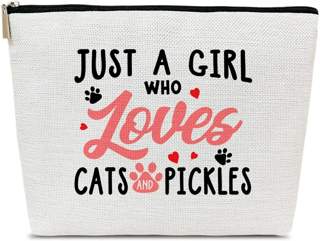 Pickles Lover Makeup Bag, Just A Girl Who Loves Cats and Pickles, Small Cosmetic Bag for Purse, Gifts for Cat Lovers, Women, Besties, Best Friends