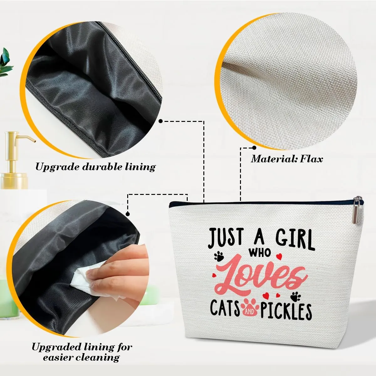 Pickles Lover Makeup Bag, Just A Girl Who Loves Cats and Pickles, Small Cosmetic Bag for Purse, Gifts for Cat Lovers, Women, Besties, Best Friends