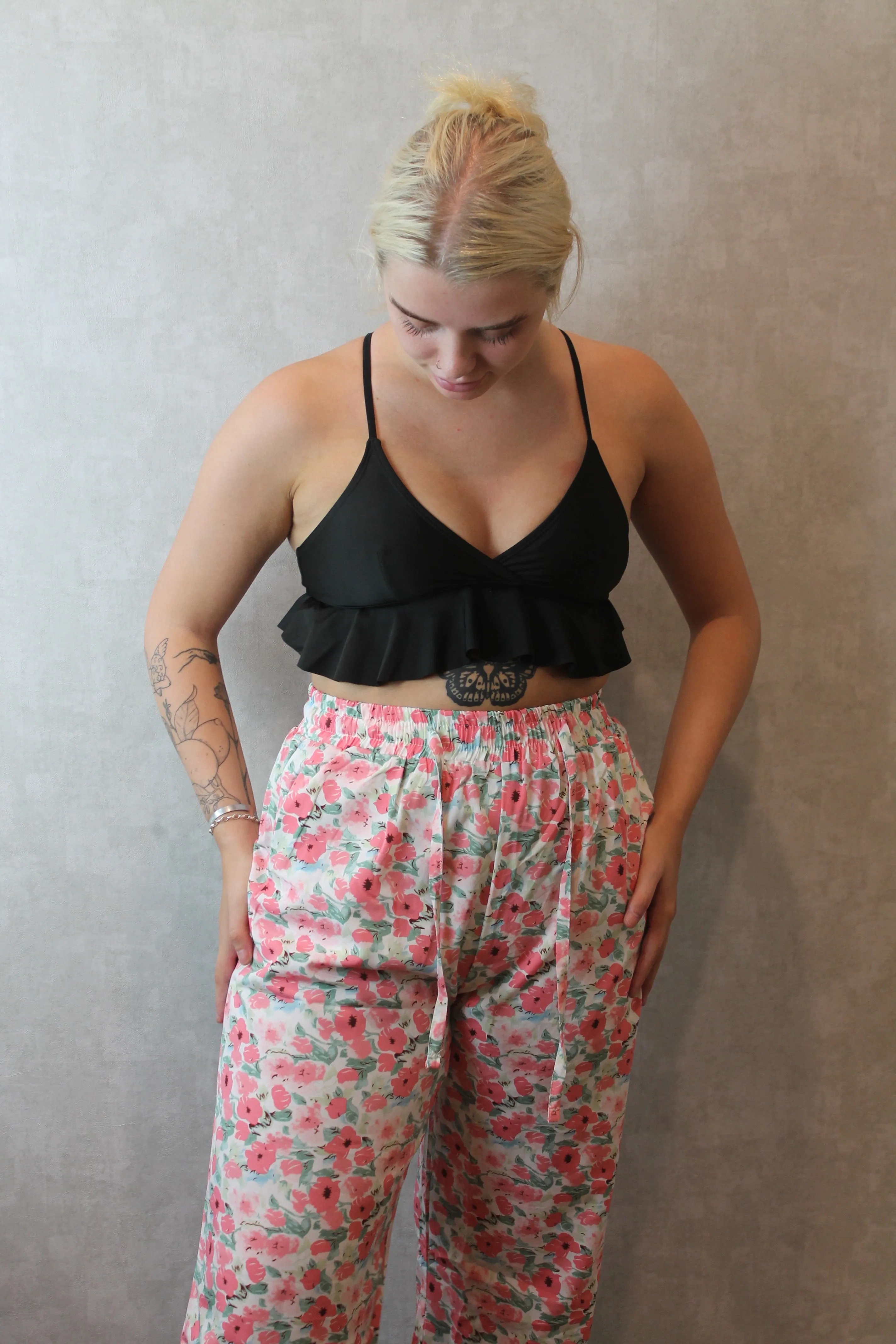 Pink Floral Print Flat Waist Tie Front Trousers
