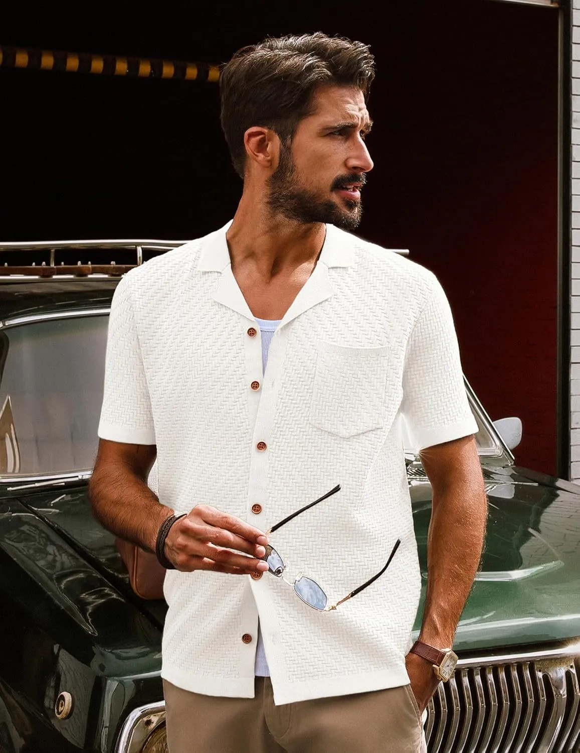 PJ PAUL JONES Mens Knit Shirts Casual Vintage Cuban Collar Short Sleeve Button Down Beach Polo Shirt
