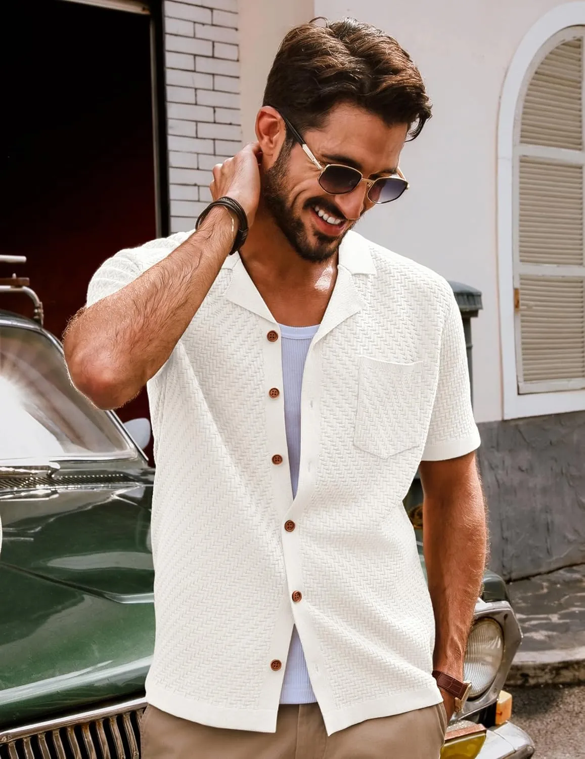 PJ PAUL JONES Mens Knit Shirts Casual Vintage Cuban Collar Short Sleeve Button Down Beach Polo Shirt
