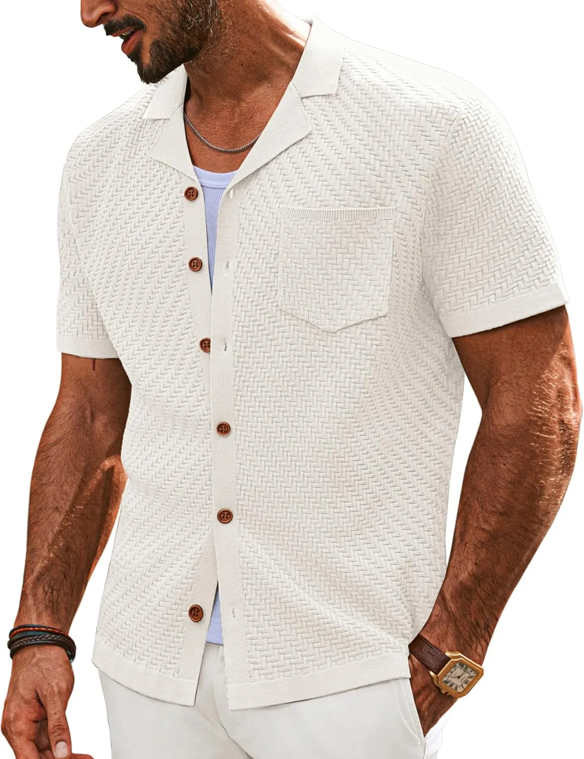 PJ PAUL JONES Mens Knit Shirts Casual Vintage Cuban Collar Short Sleeve Button Down Beach Polo Shirt
