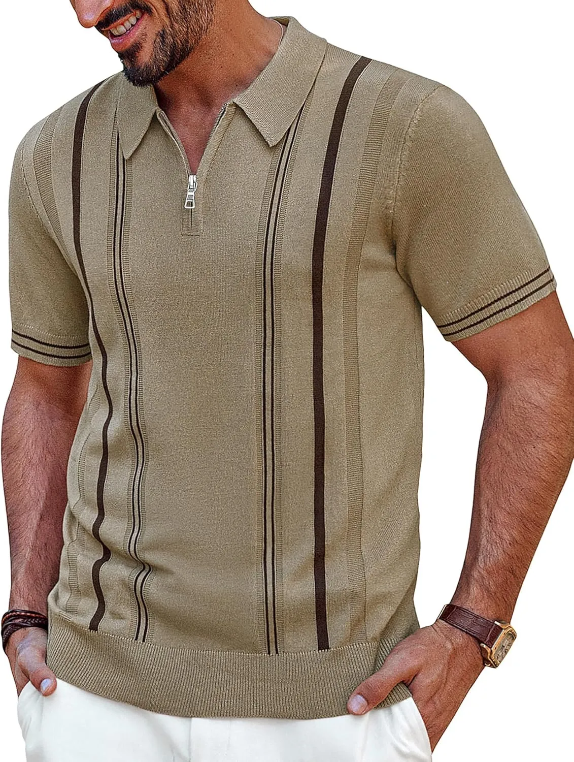 PJ PAUL JONES Mens Polo Shirts Quarter Zip Knit Shirt Vintage Short Sleeve Summer Shirt