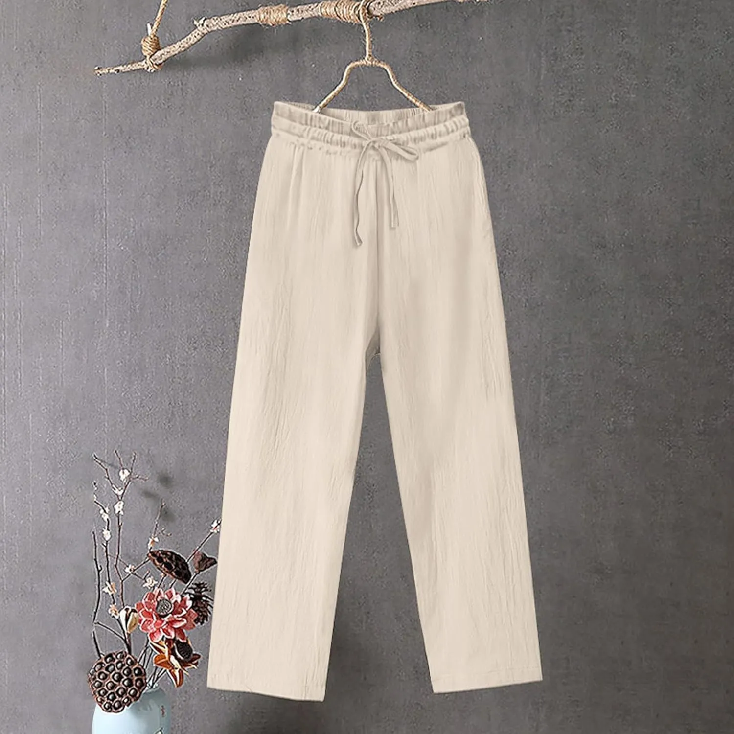 Plus Size Wide Leg Linen Pants Women Summer Capri Palazzo Flowy Pants Casual Loose Solid Color High Waist Trousers
